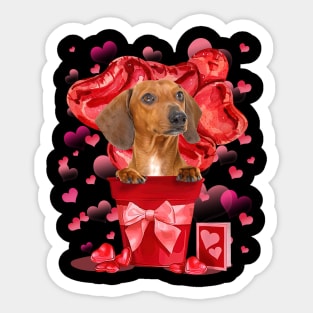 Red Dachshund Dog In Red Pot Happy Valentine's Day Sticker